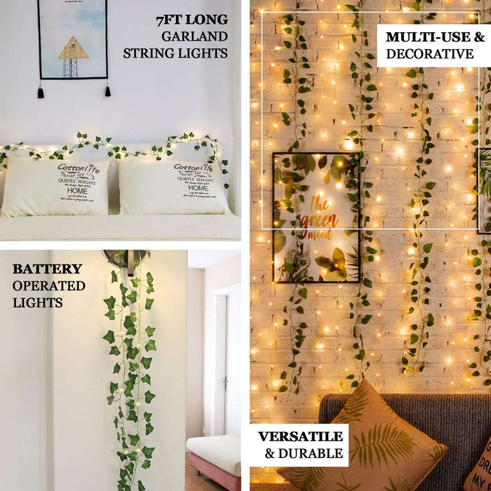 7ft warm white LED green leaf garland vine lights, battery operated.