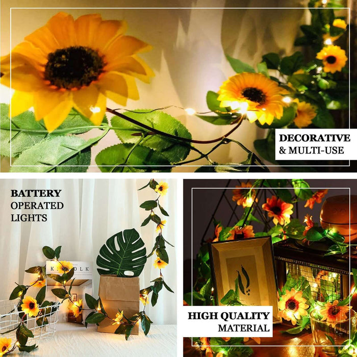 Warm white sunflower garland vine lights on a decorative backdrop.