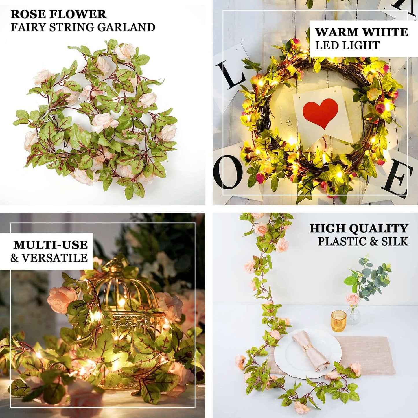 Warm white LED rose flower garland string lights with battery operation.