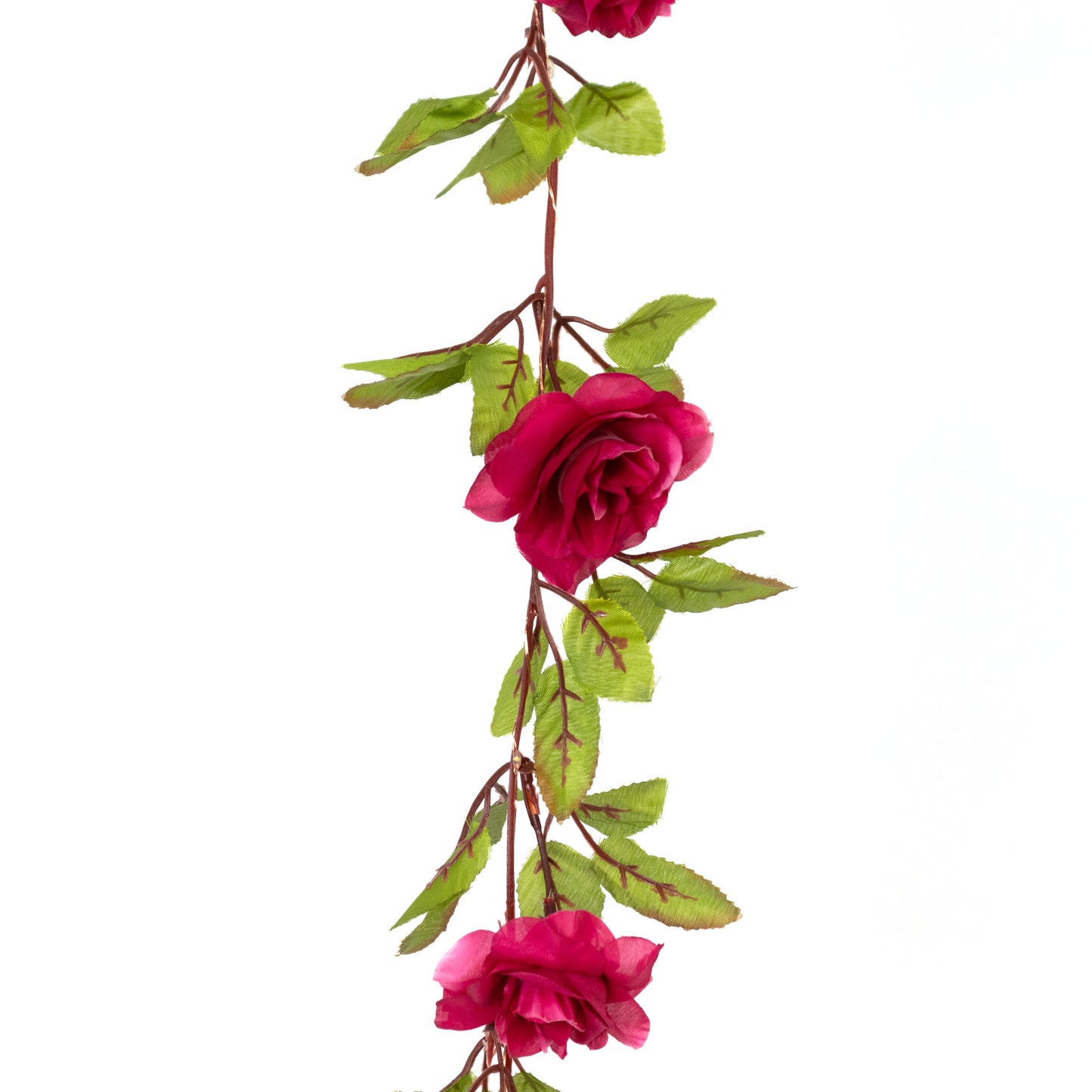 Magenta silk rose flower garland vine string lights, warm white battery operated.