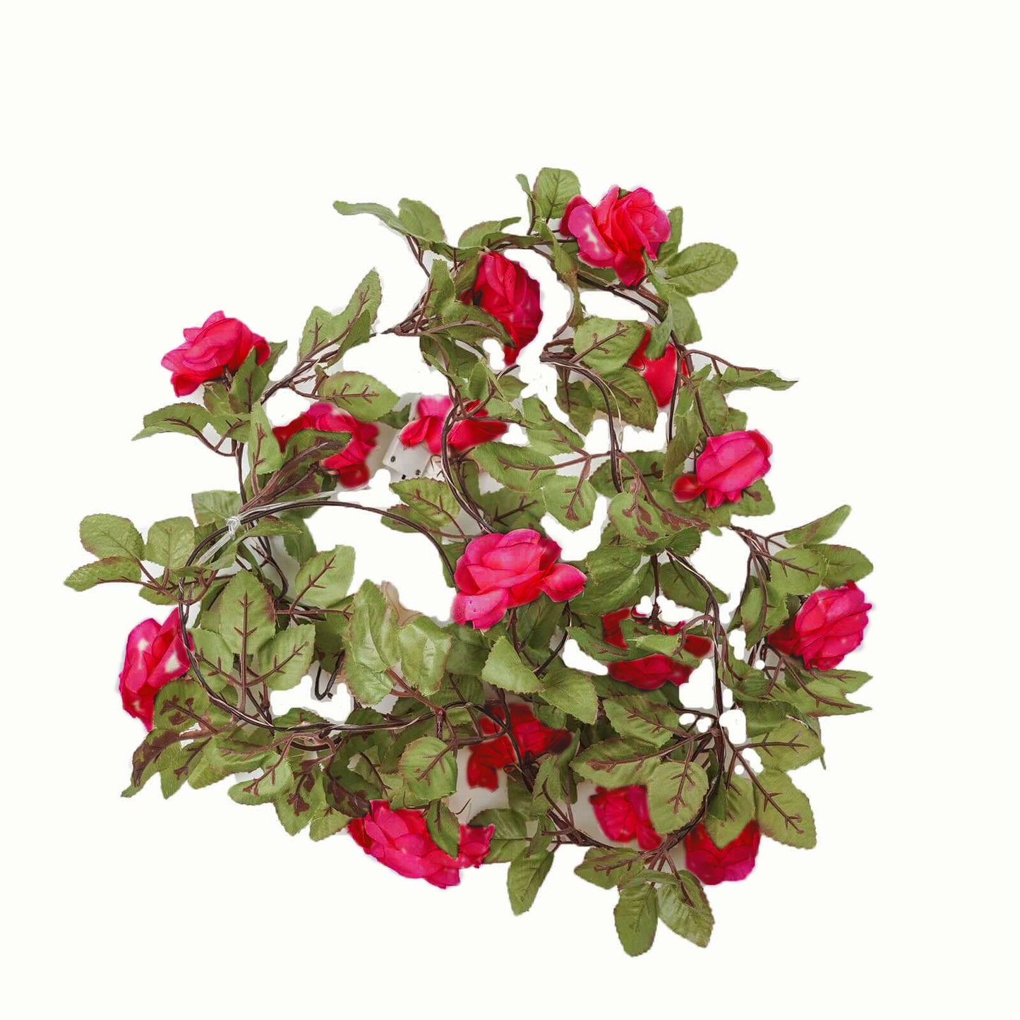 Red silk rose flower garland vine string lights with warm white LEDs.