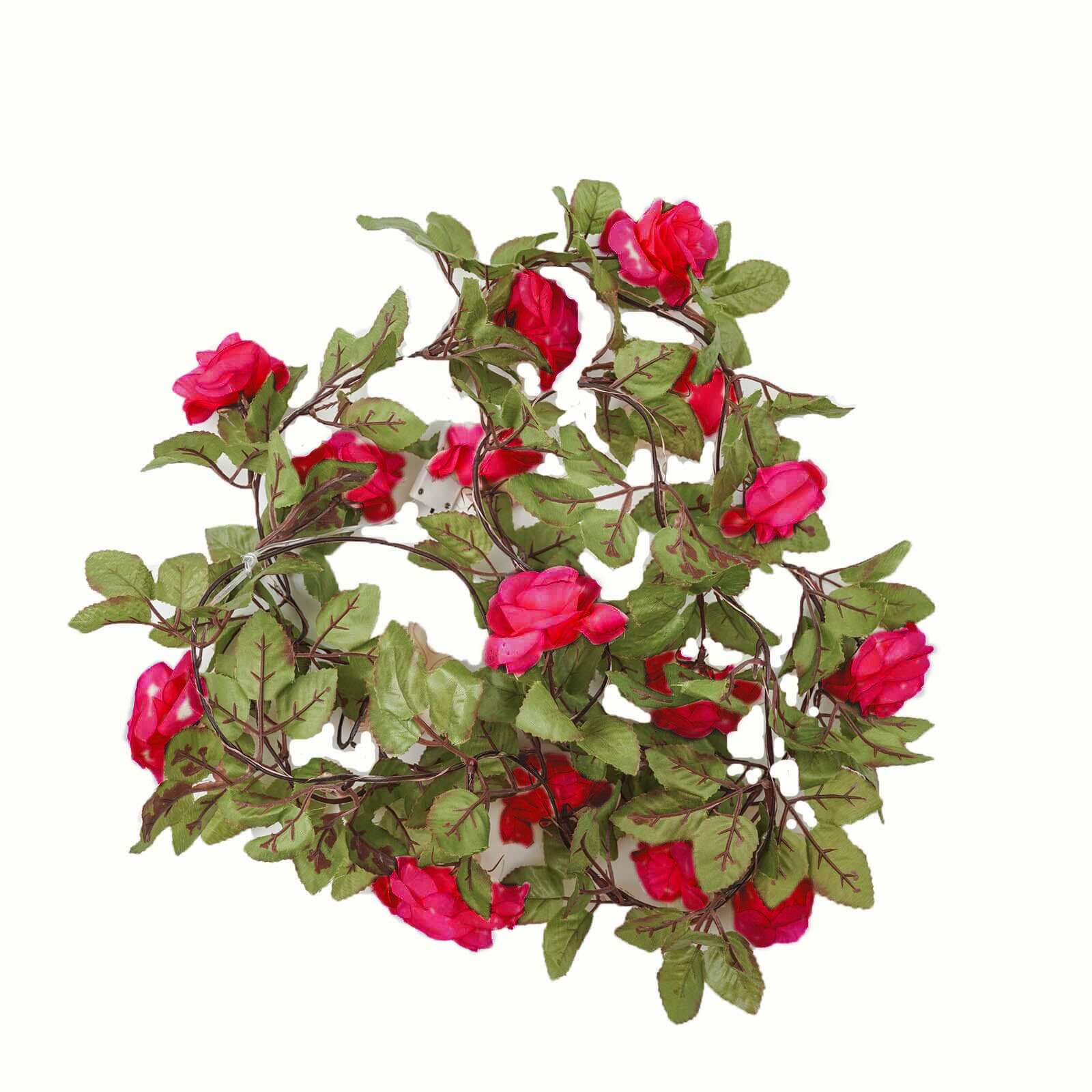 Red silk rose flower garland vine string lights with warm white LEDs.