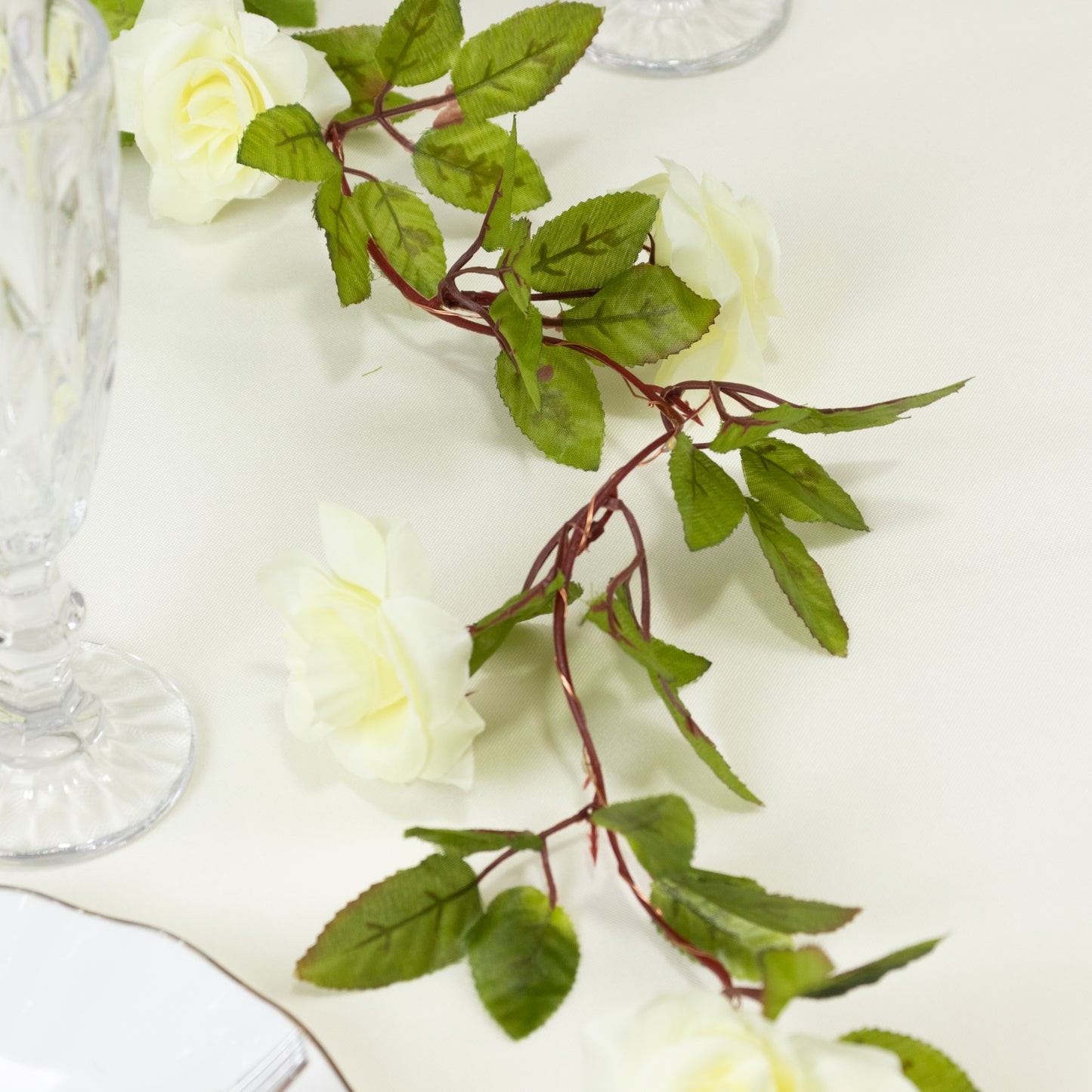 White silk rose flower garland vine string lights with warm white LED.
