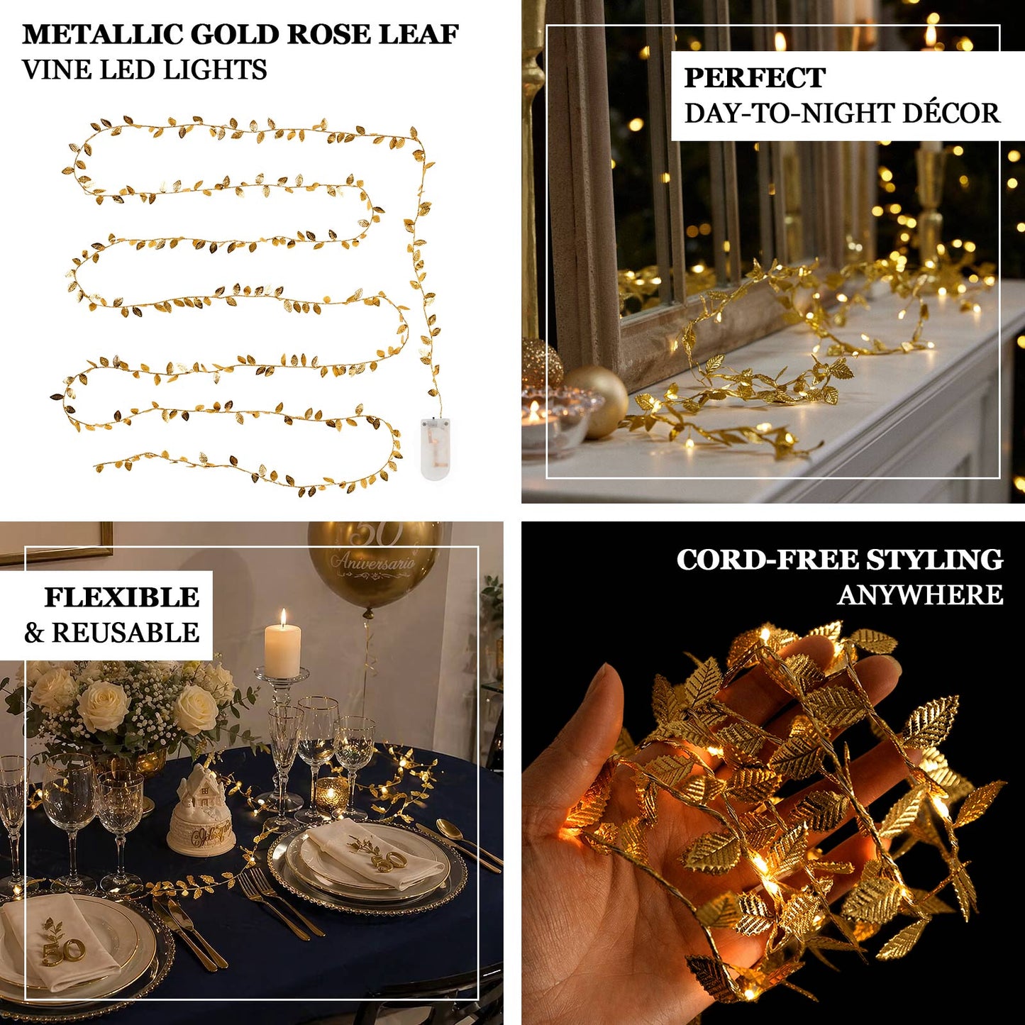 Warm white metallic gold leaf string lights for decorative vine styling.