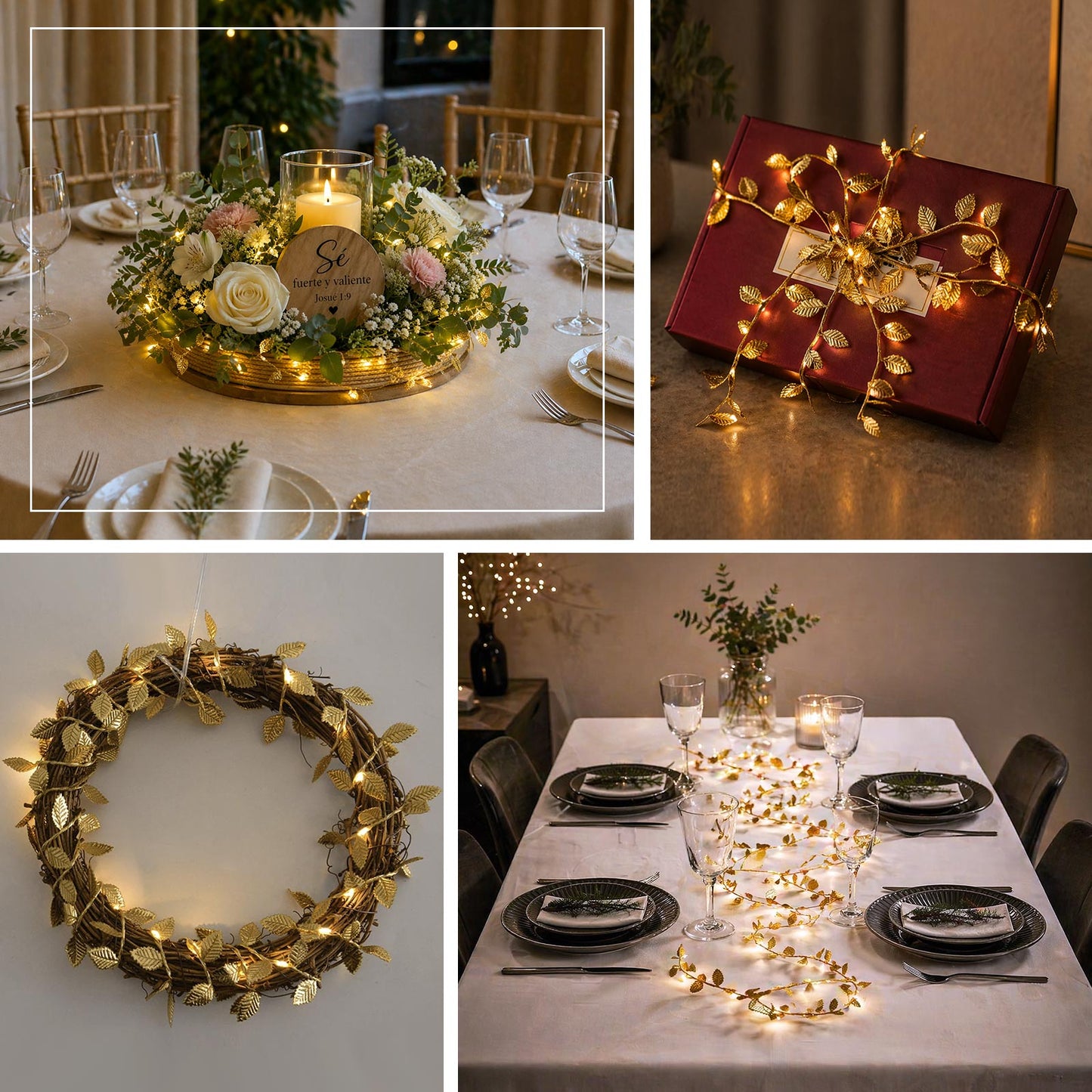Warm white metallic gold leaf string lights hanging decoratively.