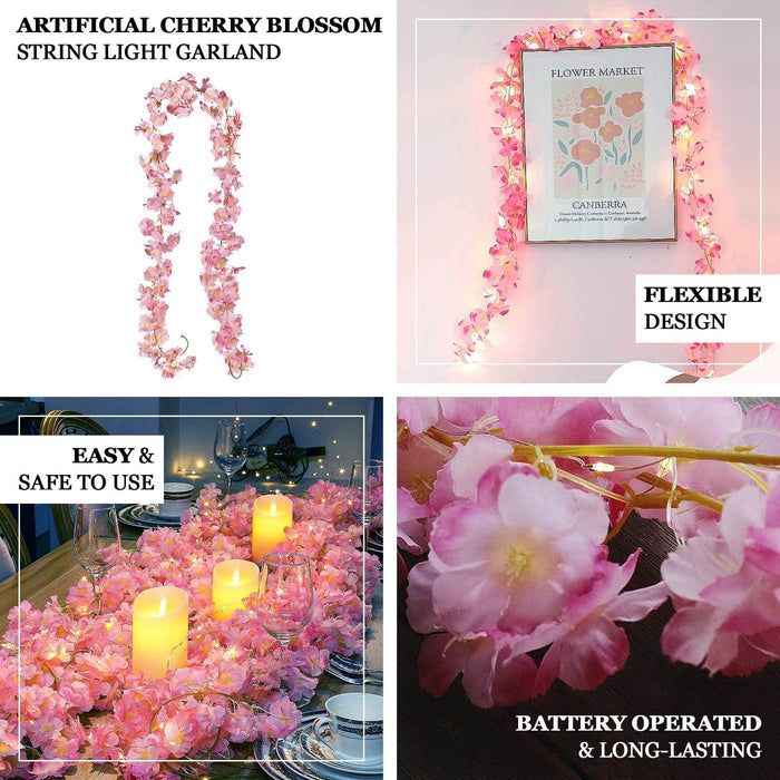 Blush artificial cherry blossom garland LED string lights, warm white, 6ft.