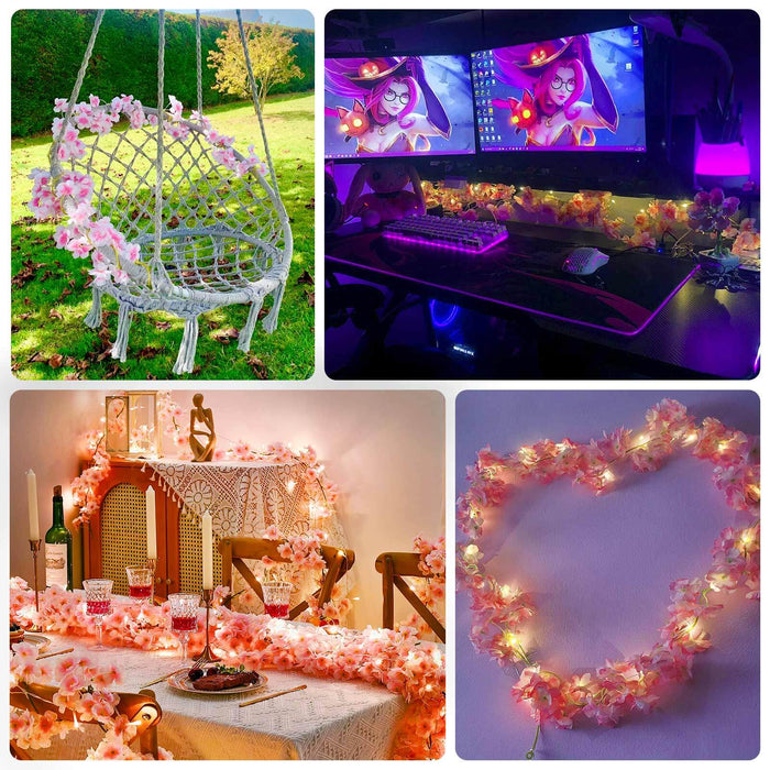 Warm white cherry blossom garland LED string lights on various decorative setups.