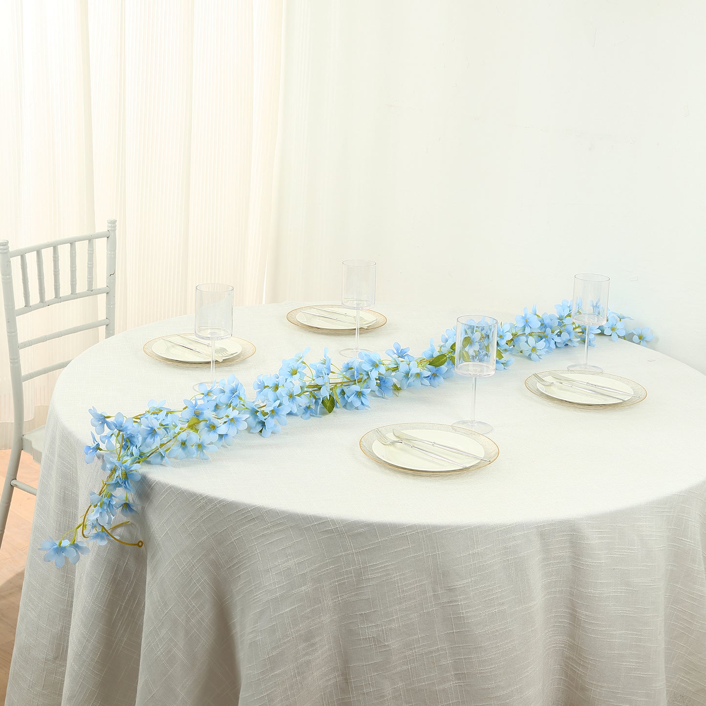 2 Pack Blue Jasmine Silk Flower Garland with Warm White LED Lights