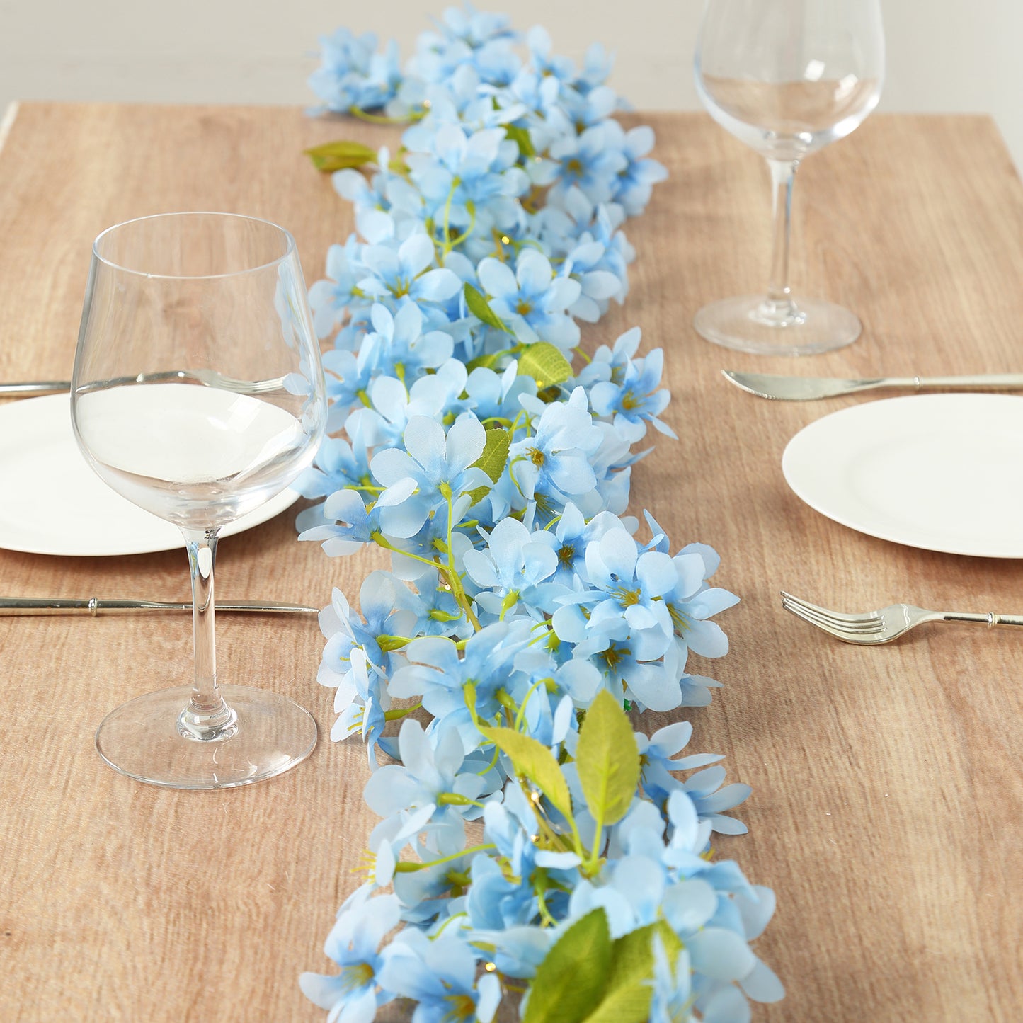 2 Pack Blue Jasmine Silk Flower Garland with Warm White LED Lights