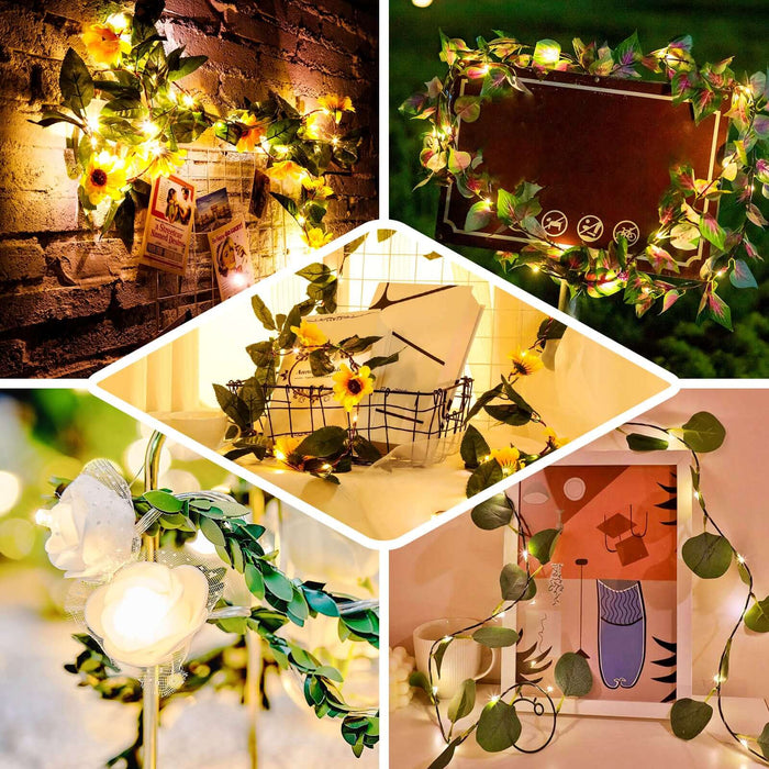 Warm white LED sunflower garland string lights on greenery backdrop.