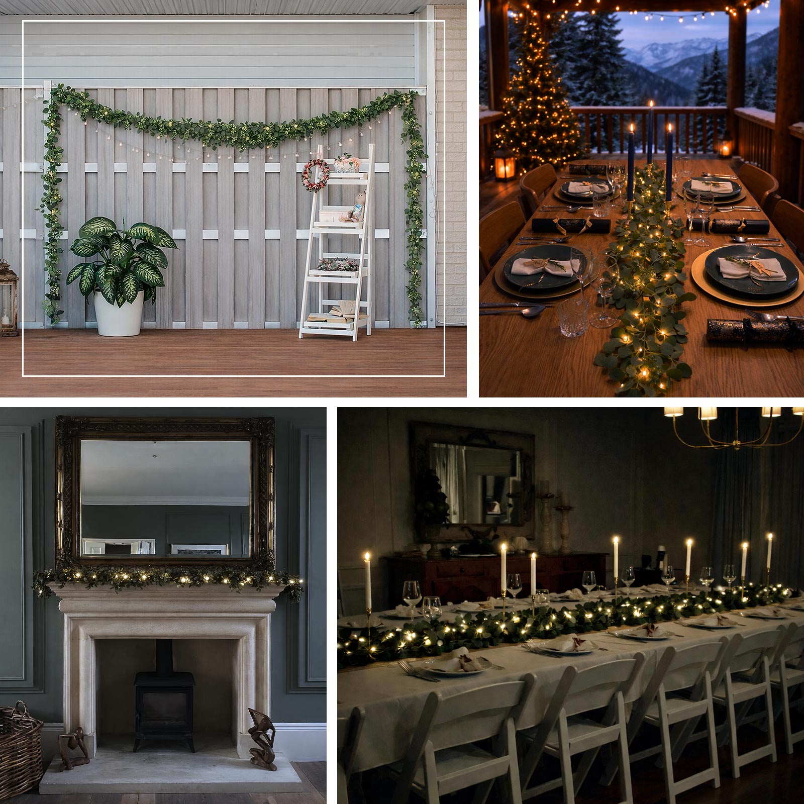 Warm white 20 LED battery-operated fairy lights with green eucalyptus garland.