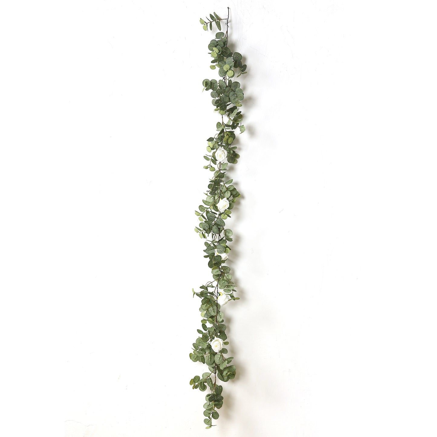 6ft Lighted Eucalyptus Garland with Ivory Roses & Battery-Operated Fairy Lights – Faux Greenery Vine