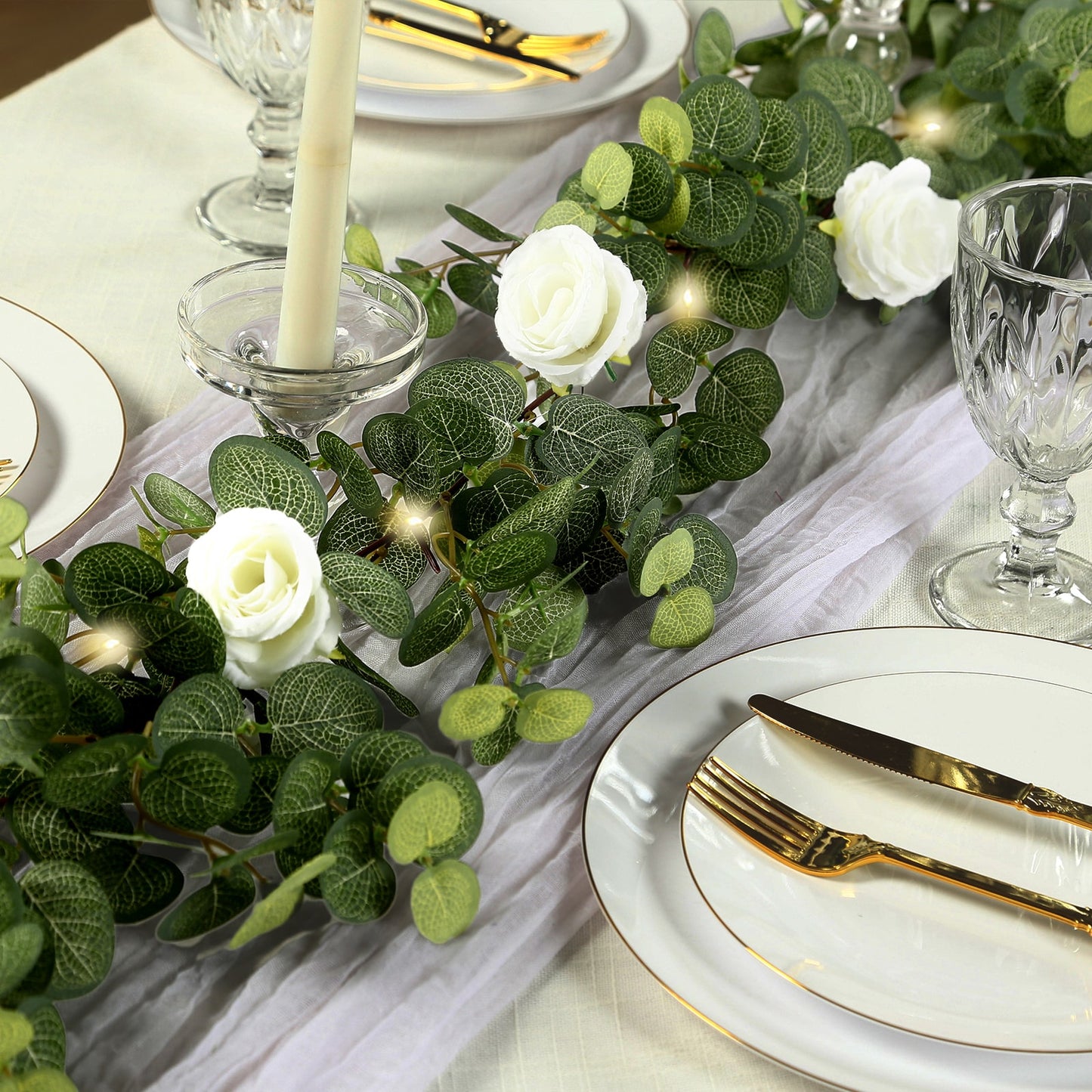 6ft Lighted Eucalyptus Garland with Ivory Roses & Battery-Operated Fairy Lights – Faux Greenery Vine