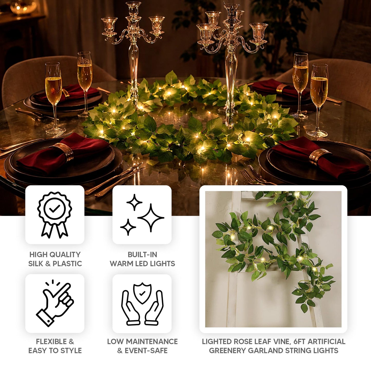 Warm green lighted rose leaf vine garland for home and wedding decor.