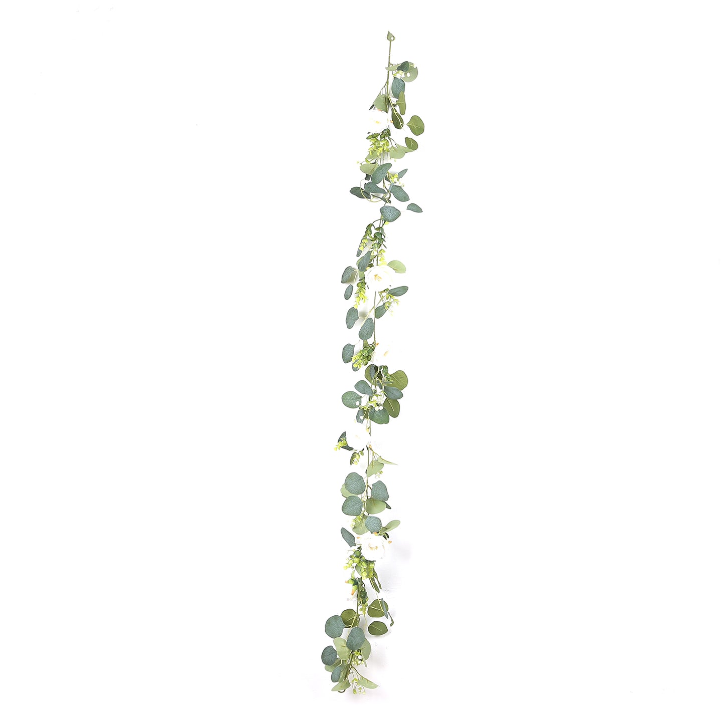 Lighted greenery garland with eucalyptus and peonies in green, 5.5ft long.