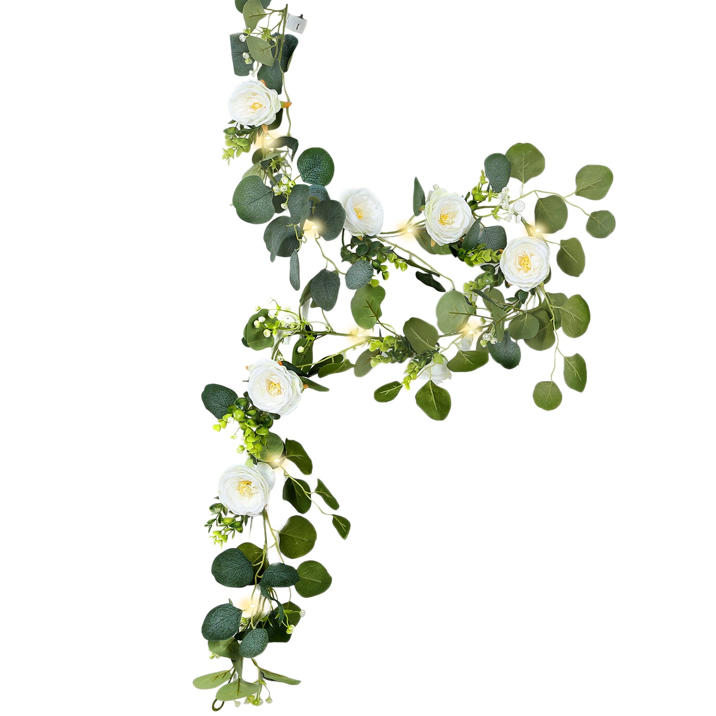 Lighted greenery garland with eucalyptus and peonies, 5.5ft, in green.