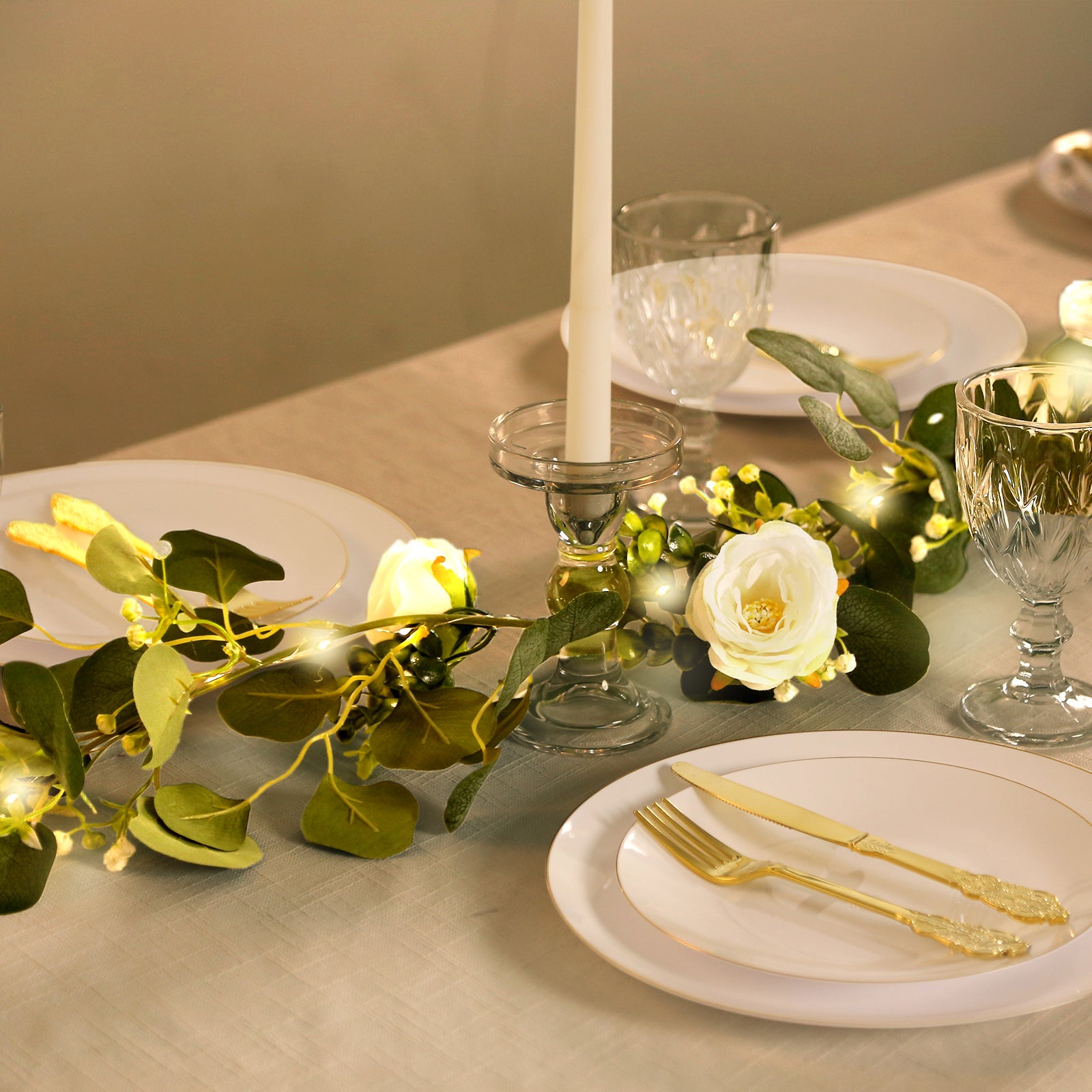 Lighted greenery garland with eucalyptus and peonies, 5.5ft, in soft green.