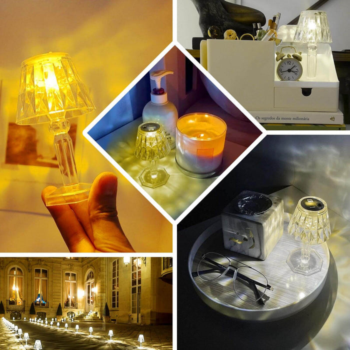 Warm white clear crystal mini acrylic LED desk lamps in various settings.