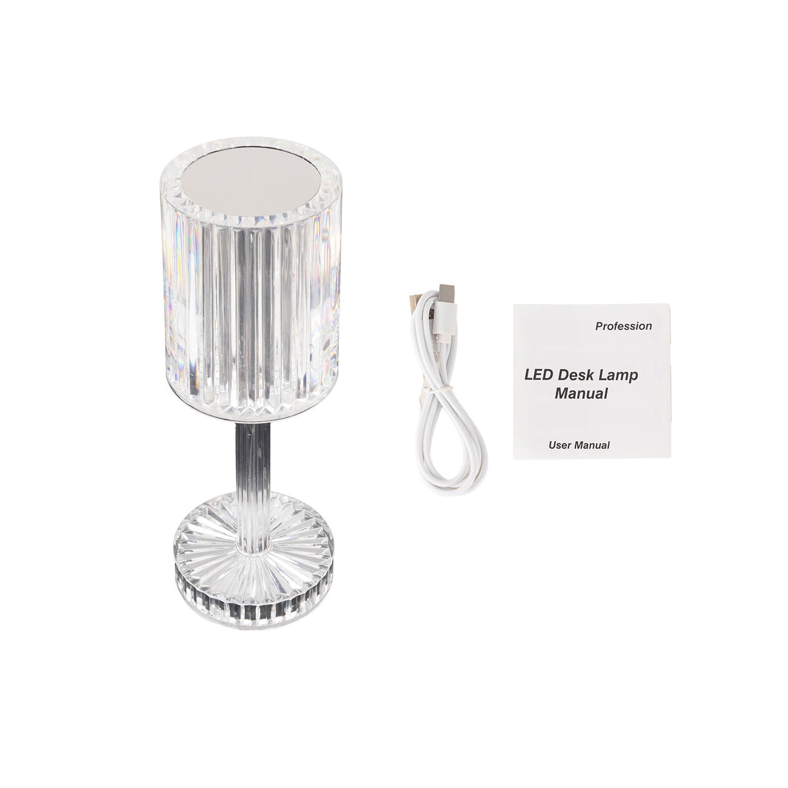 Color changing LED crystal cylinder table lamp with touch control.