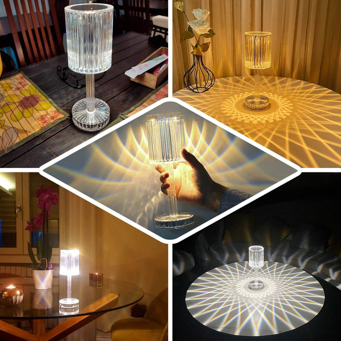 Color changing LED crystal cylinder lamp with touch control, casting colorful light patterns.