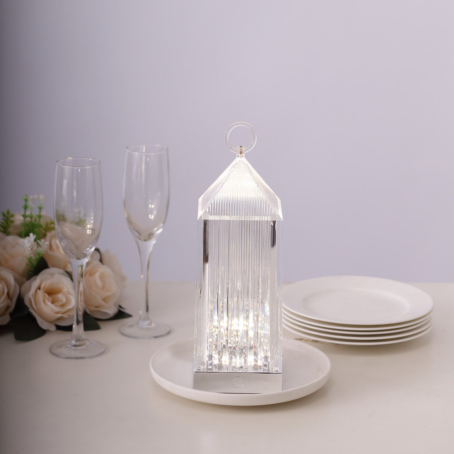 LED crystal lantern table lamp, rechargeable, touch control, clear acrylic design.
