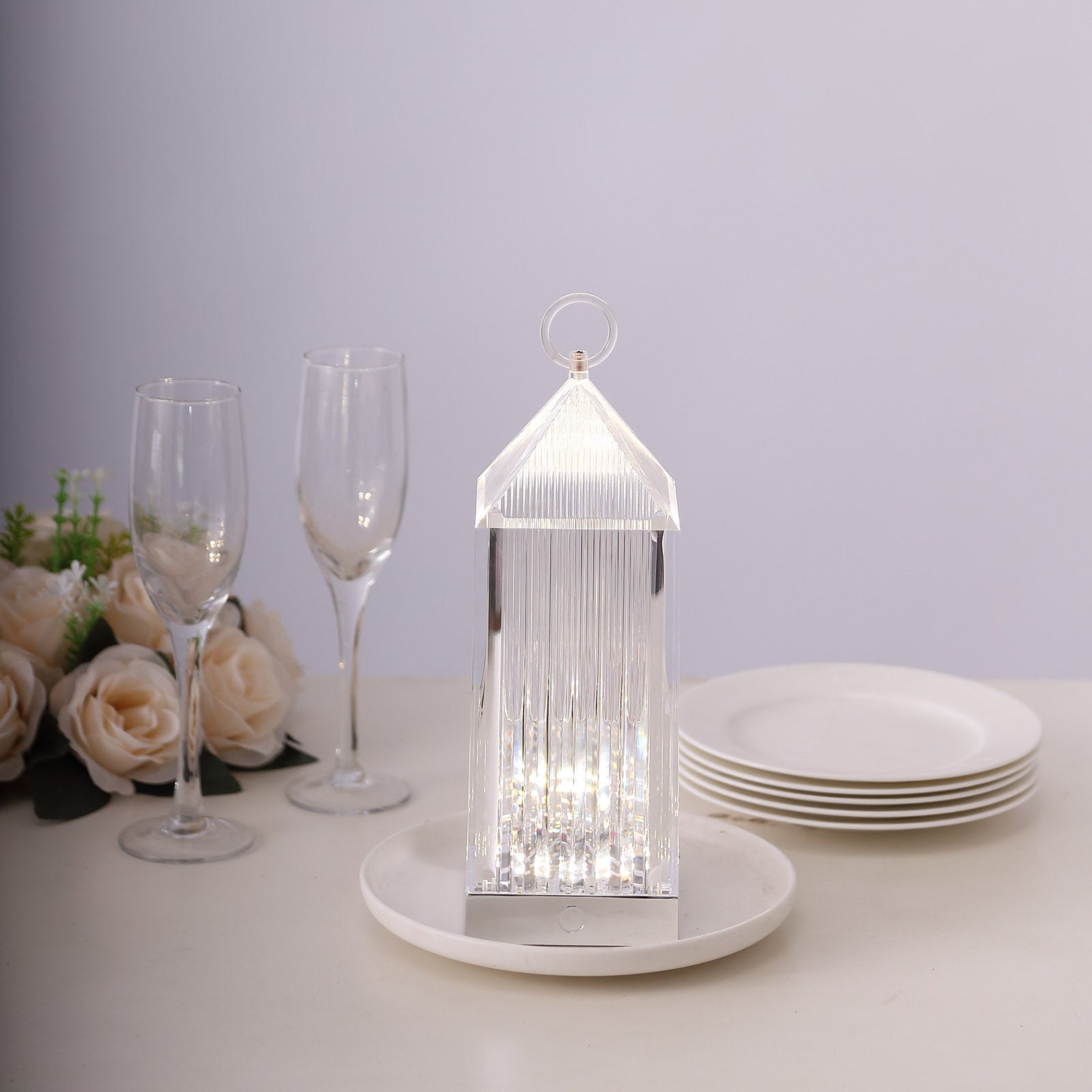 LED crystal lantern table lamp, rechargeable, touch control, clear acrylic design.