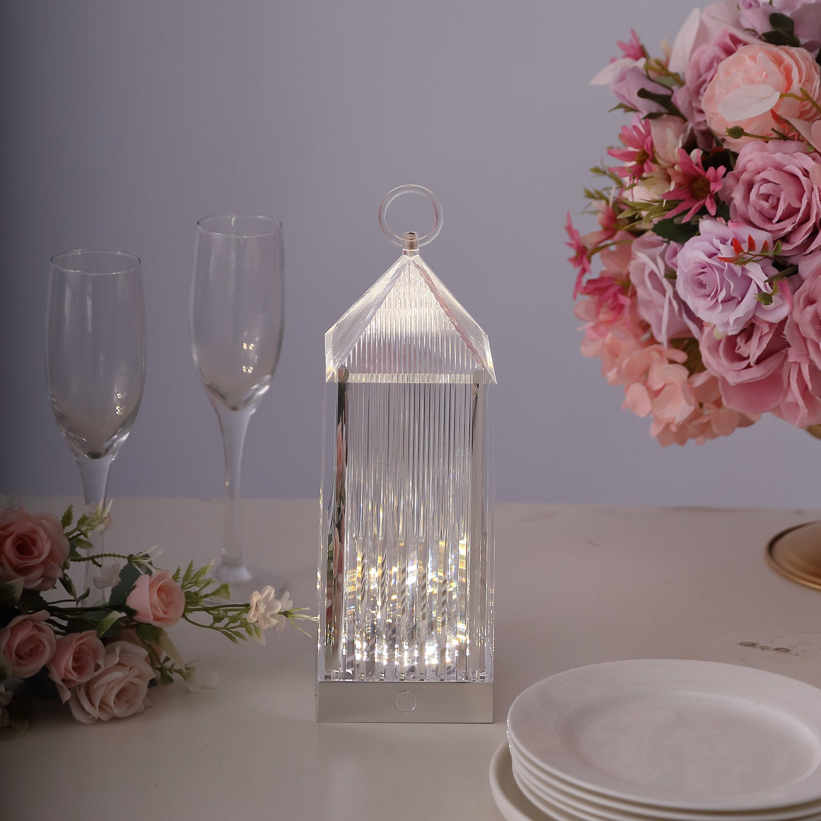 Clear LED crystal lantern table lamp with touch control, decorative night light.