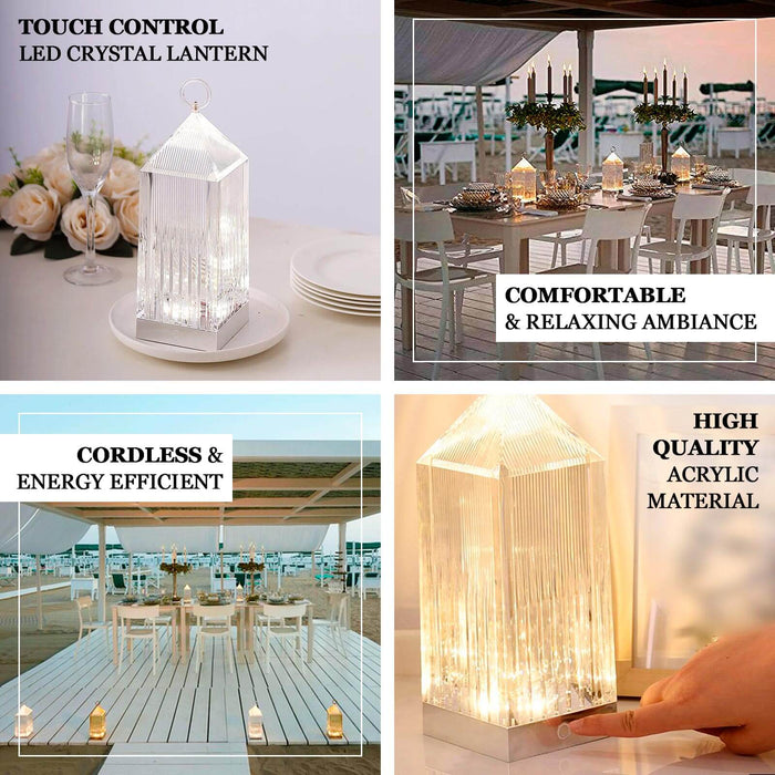 Rechargeable LED crystal lantern table lamp in clear acrylic.