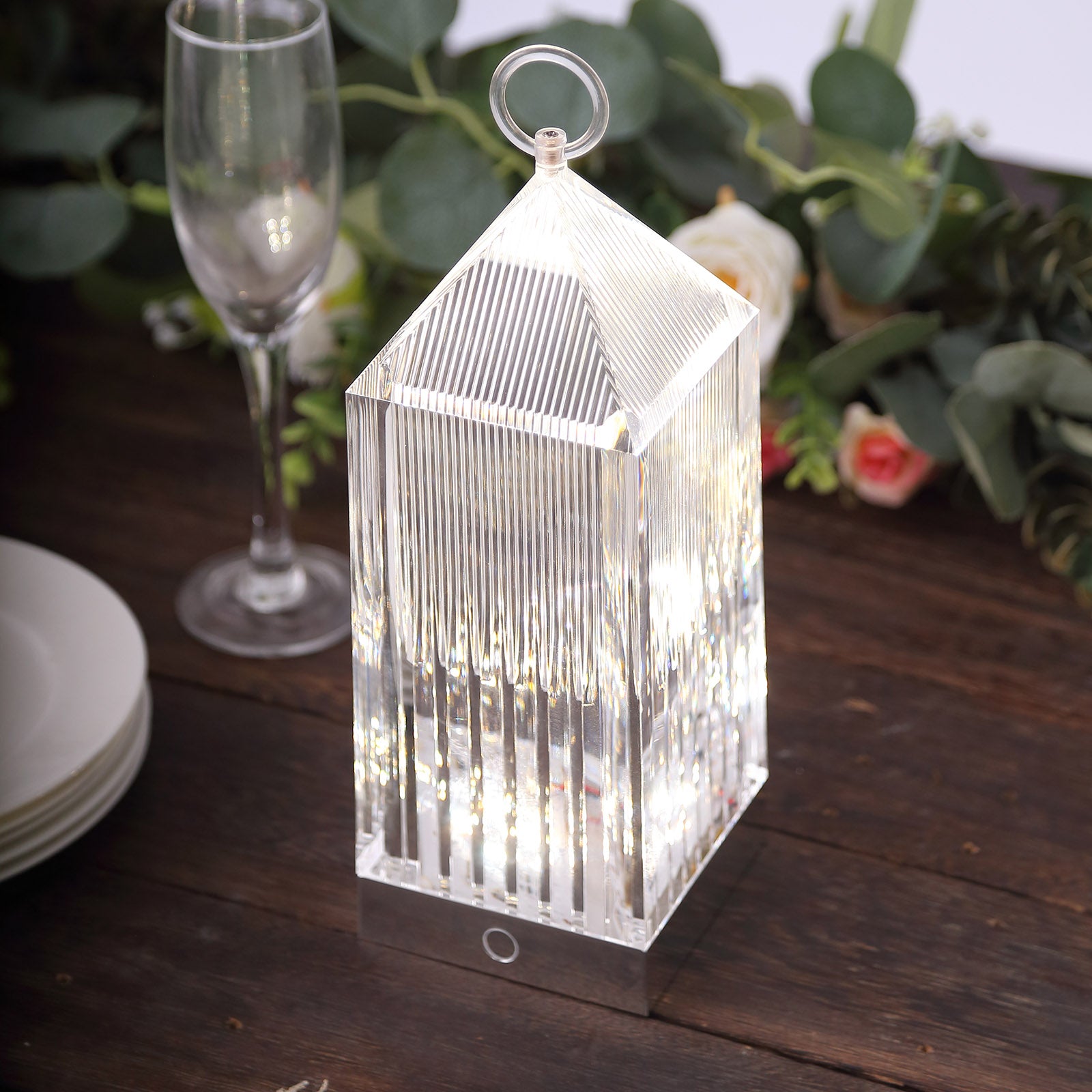 LED crystal lantern table lamp, clear acrylic, touch control, rechargeable design.