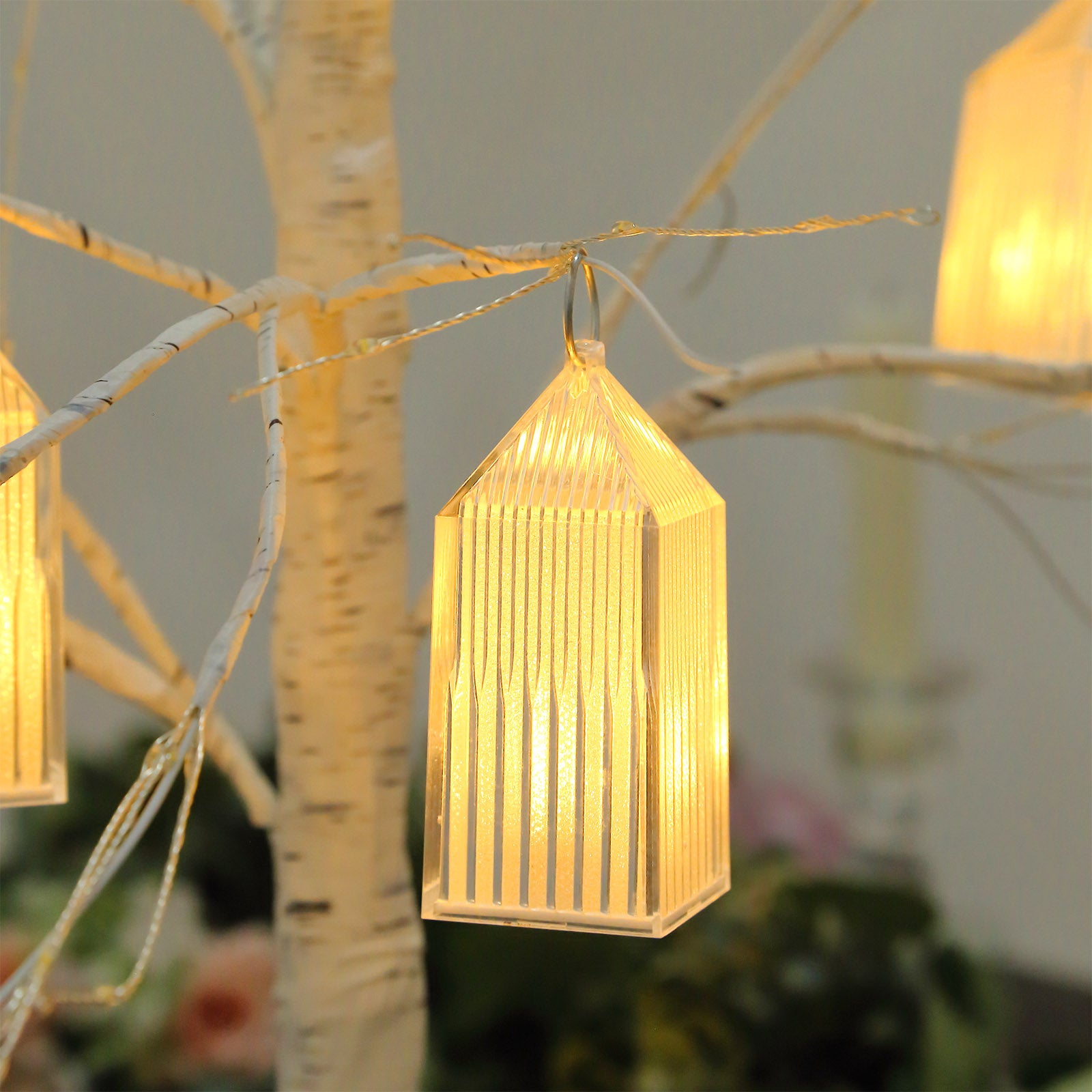 Clear warm white mini battery-operated lantern hanging decor.