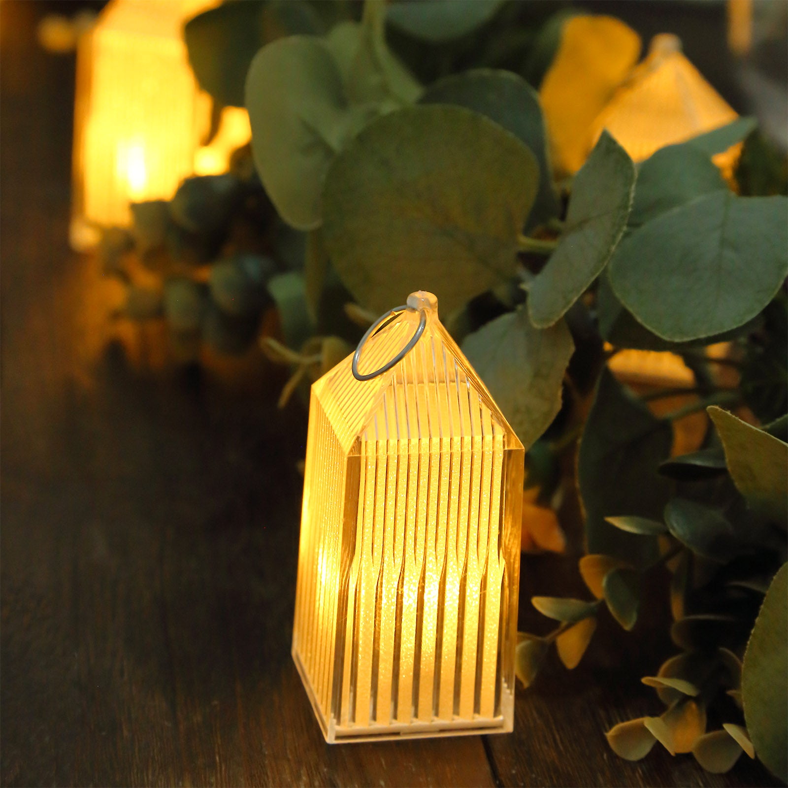 Clear warm white mini lantern lamp, decorative LED centerpiece.