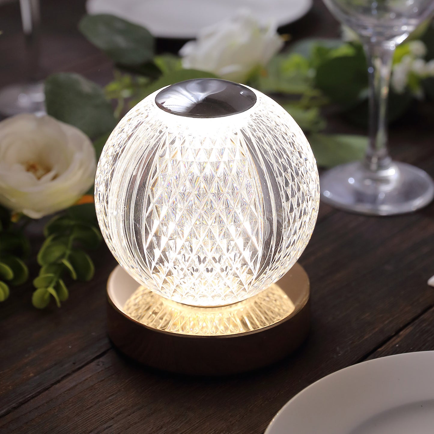 Dimmable LED crystal ball lamp with touch control, cordless and rechargeable.