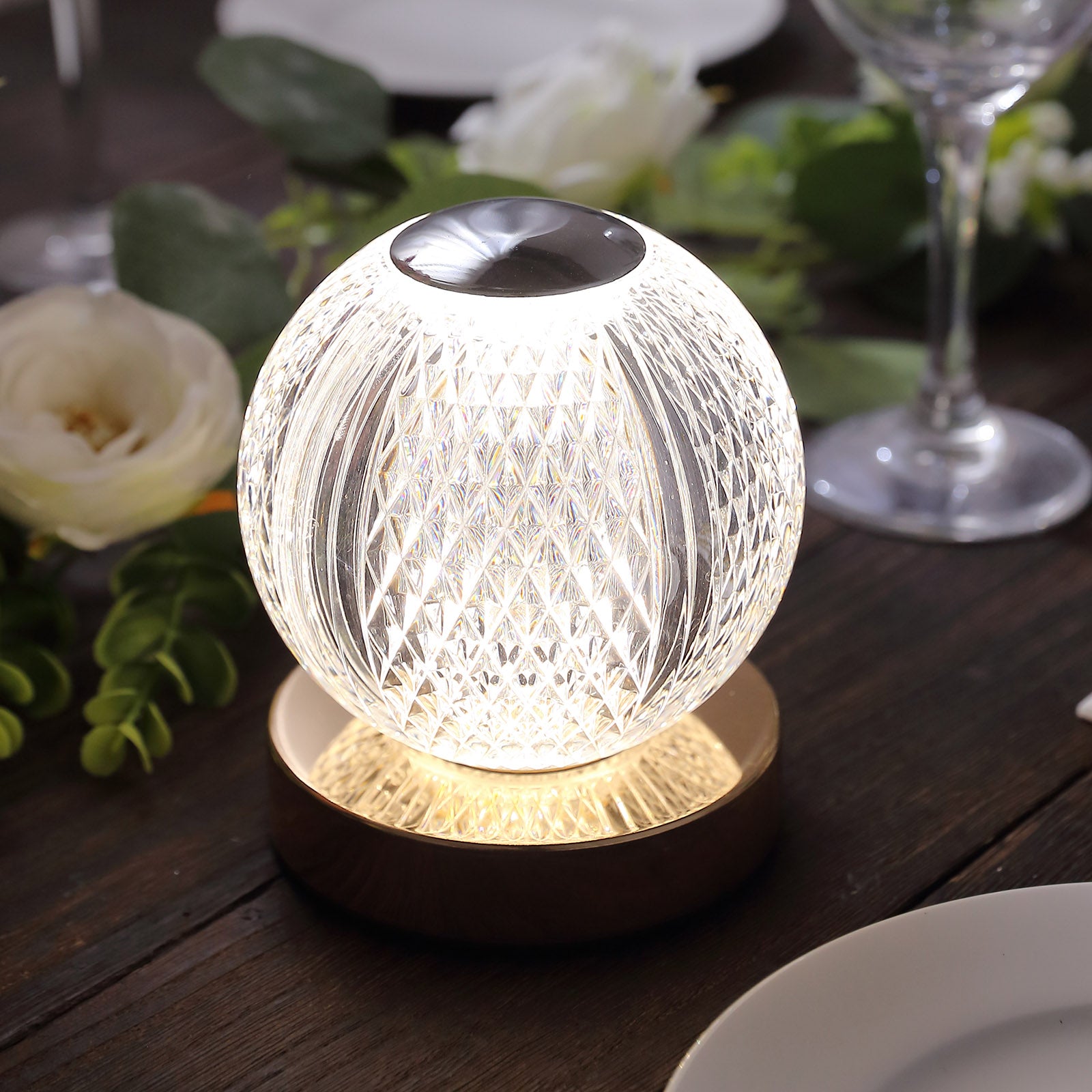Dimmable LED crystal ball lamp with touch control, cordless and rechargeable.