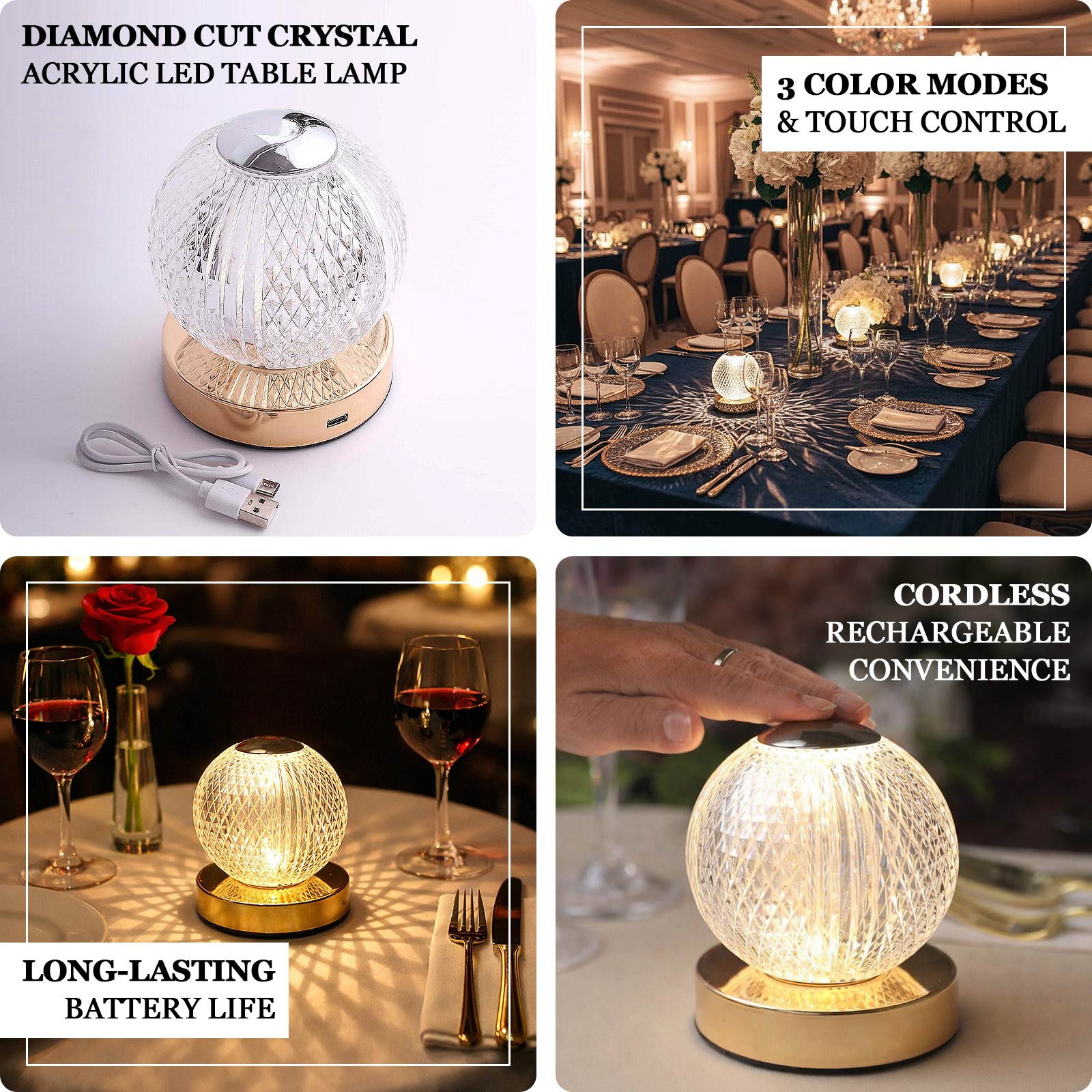 Dimmable LED centerpiece lamp with touch control, diamond cut crystal design.