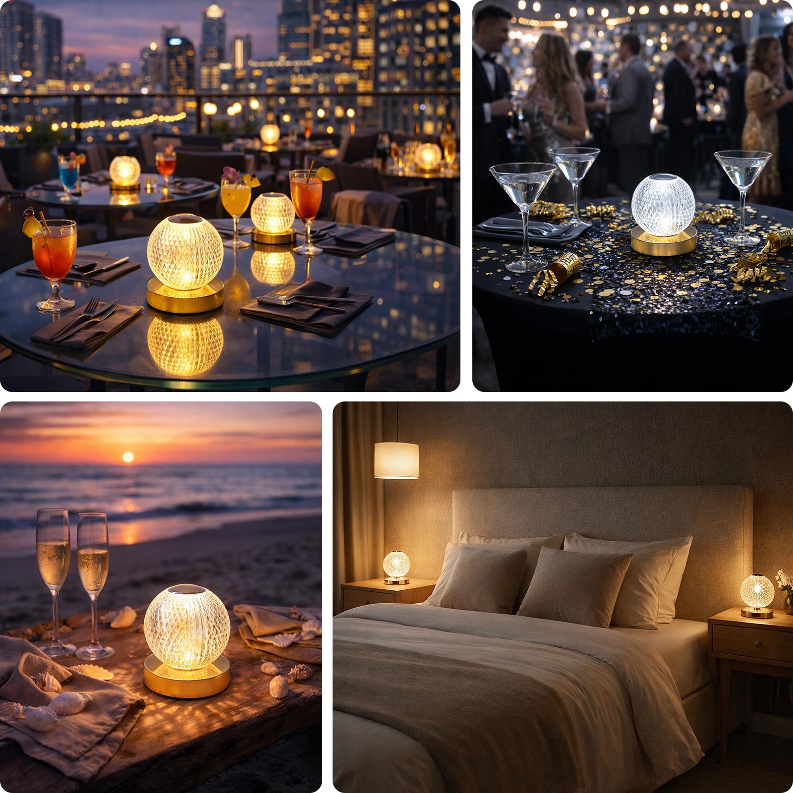 Dimmable LED crystal ball lamp with touch control, warm golden glow.