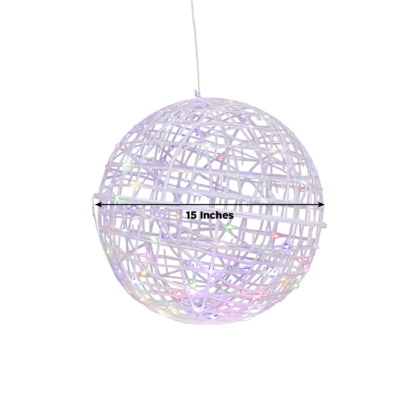 White woven rattan orb with multicolor LEDs, 15 inches in diameter.