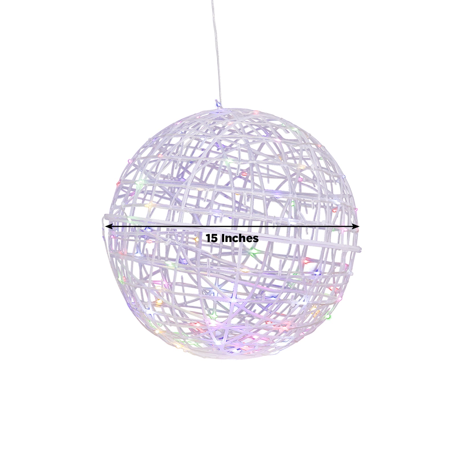 White woven rattan orb with multicolor LEDs, 15 inches in diameter.