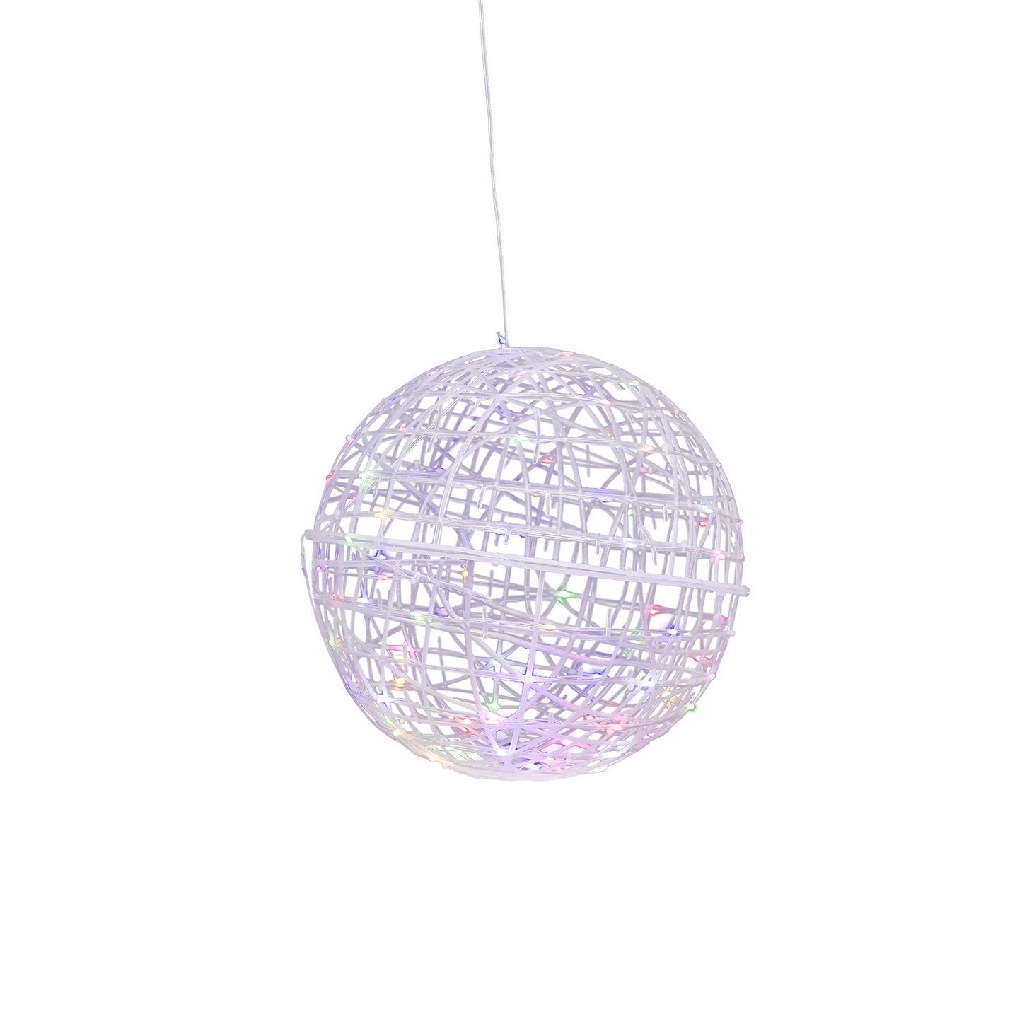 White woven rattan orb with multicolor LED lights, 15 inches in size.