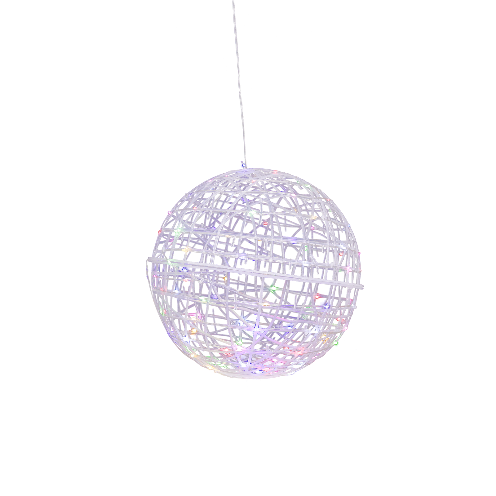 White woven rattan orb with multicolor LED lights, 15 inches in size.