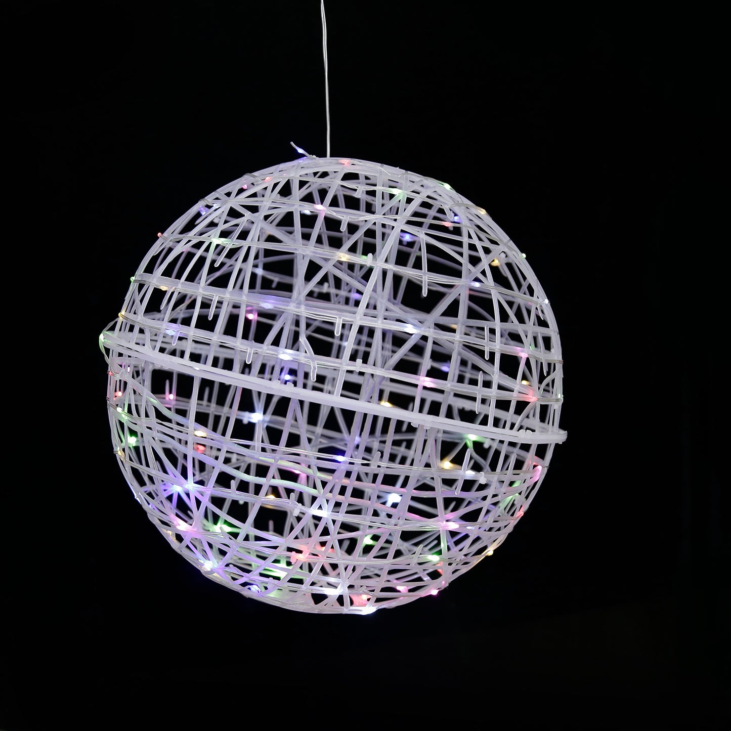 15" white woven rattan orb with multicolor LEDs and decorative lighting.