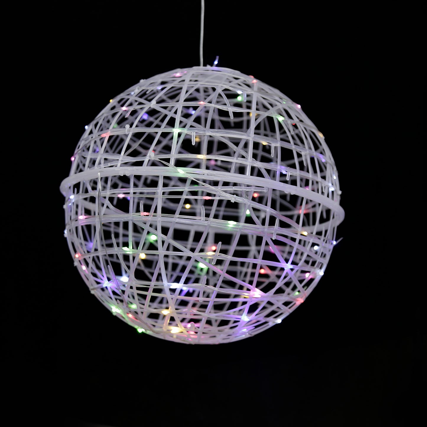 White woven rattan orb with multicolor LEDs, hanging decor.