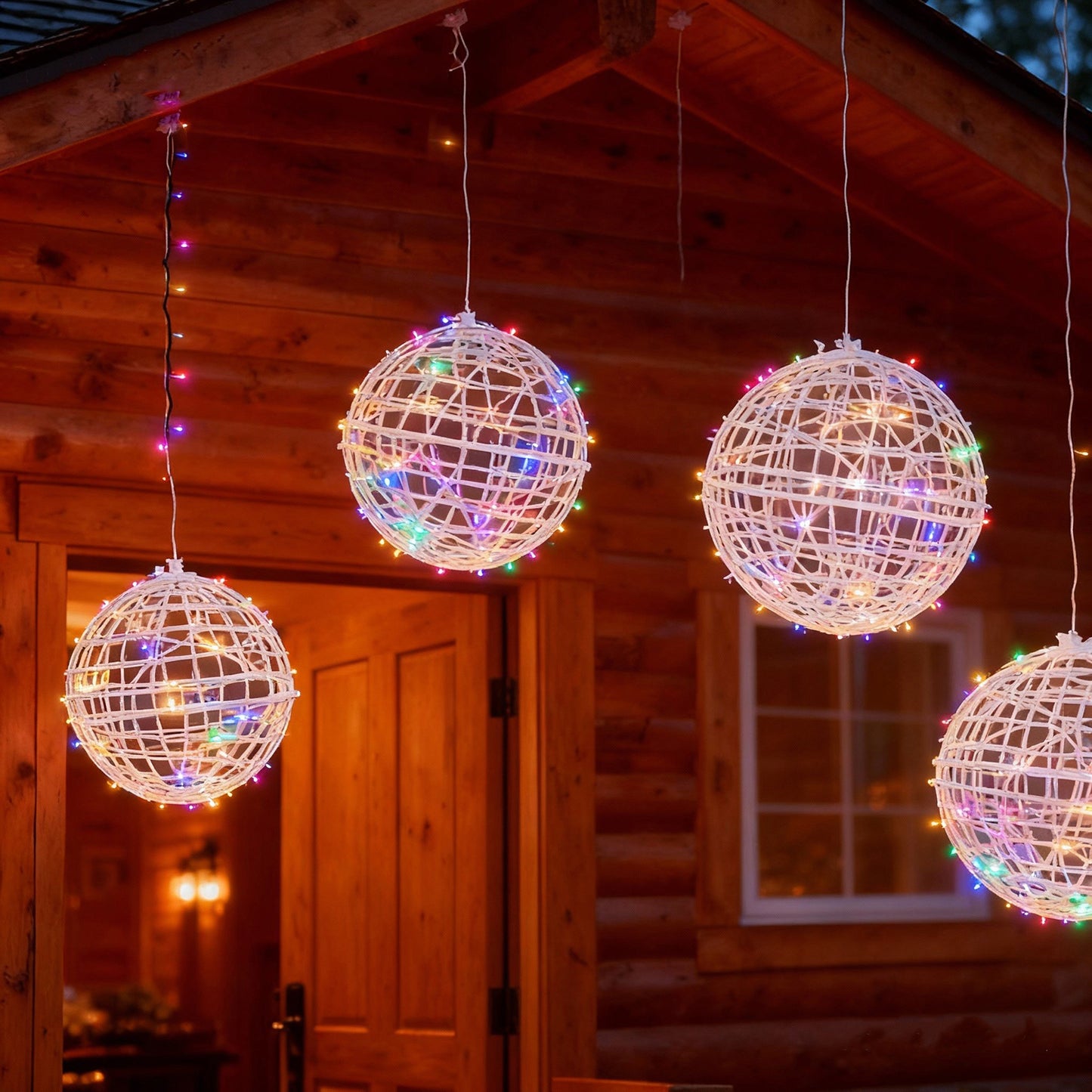 White woven rattan orbs with multicolor LEDs, hanging by a wooden cabin.