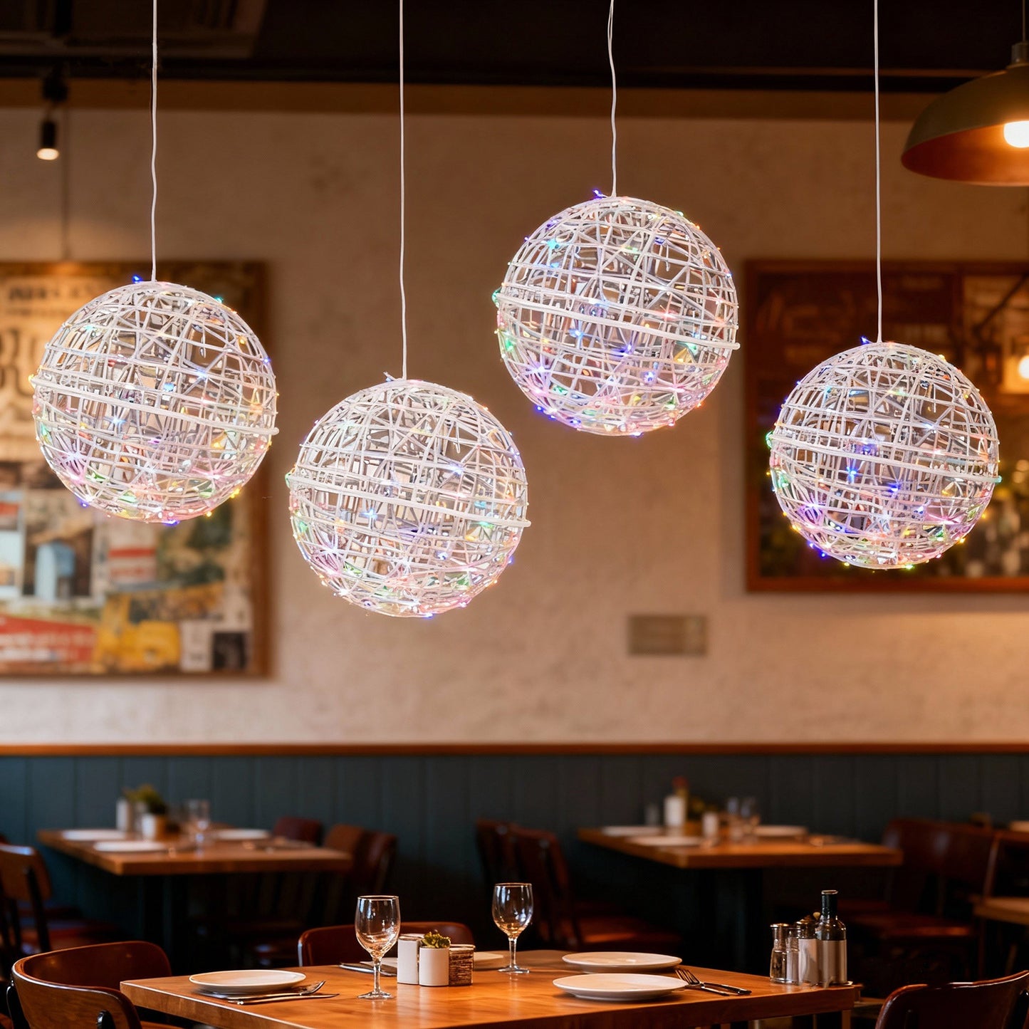 White woven rattan orbs with multicolor LEDs hanging in a restaurant setting.