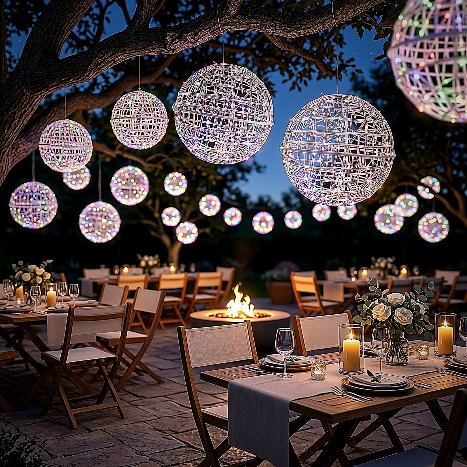 White LED lighted decorative sphere balls hanging in a garden setting.
