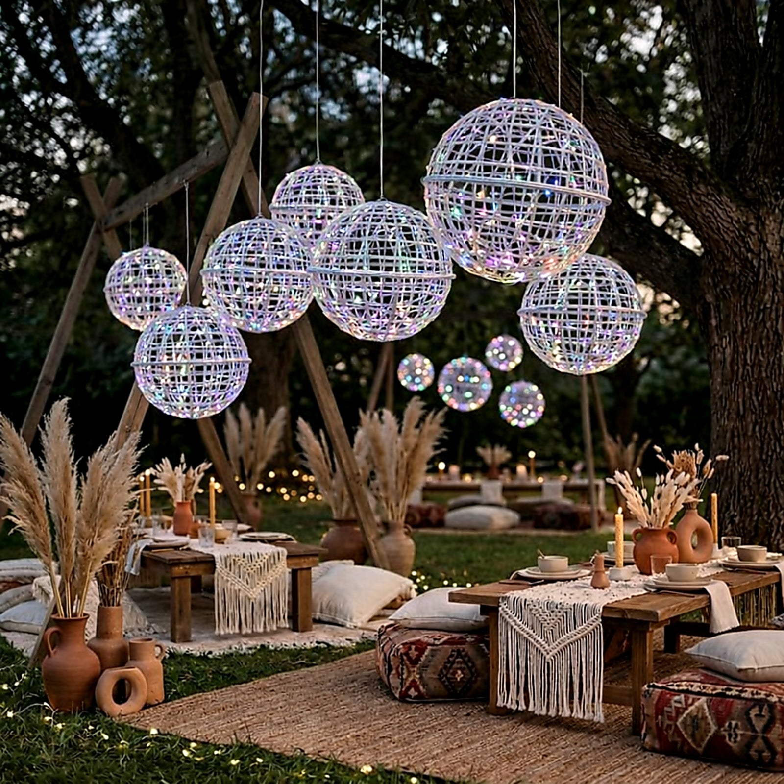 White LED lighted decorative sphere balls with multicolor lights hanging outdoors.