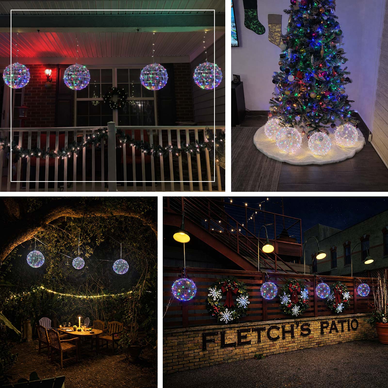 White woven rattan orbs with multicolor LED lights in festive settings.