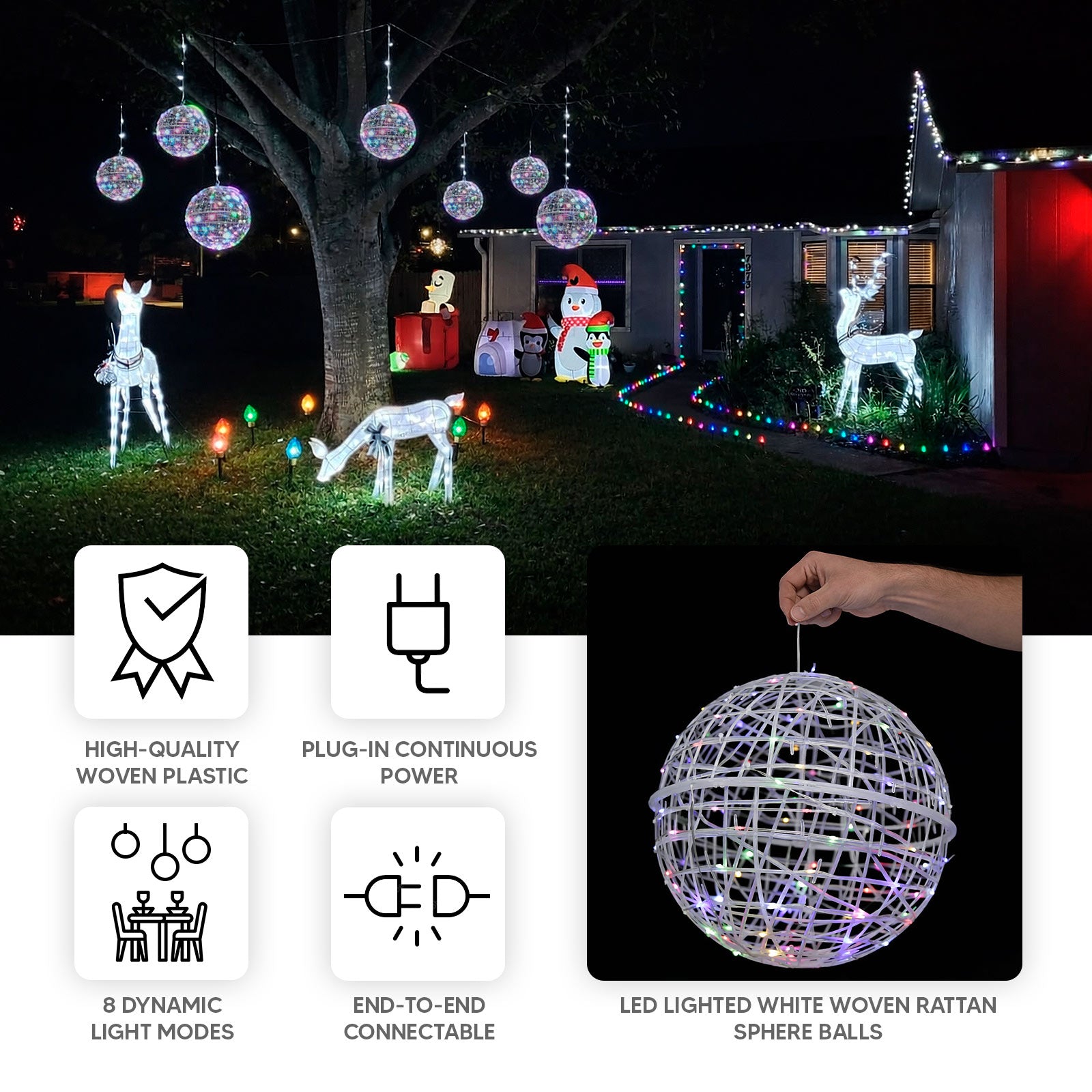 LED lighted white woven rattan sphere balls with multicolor lights, 15 inches.