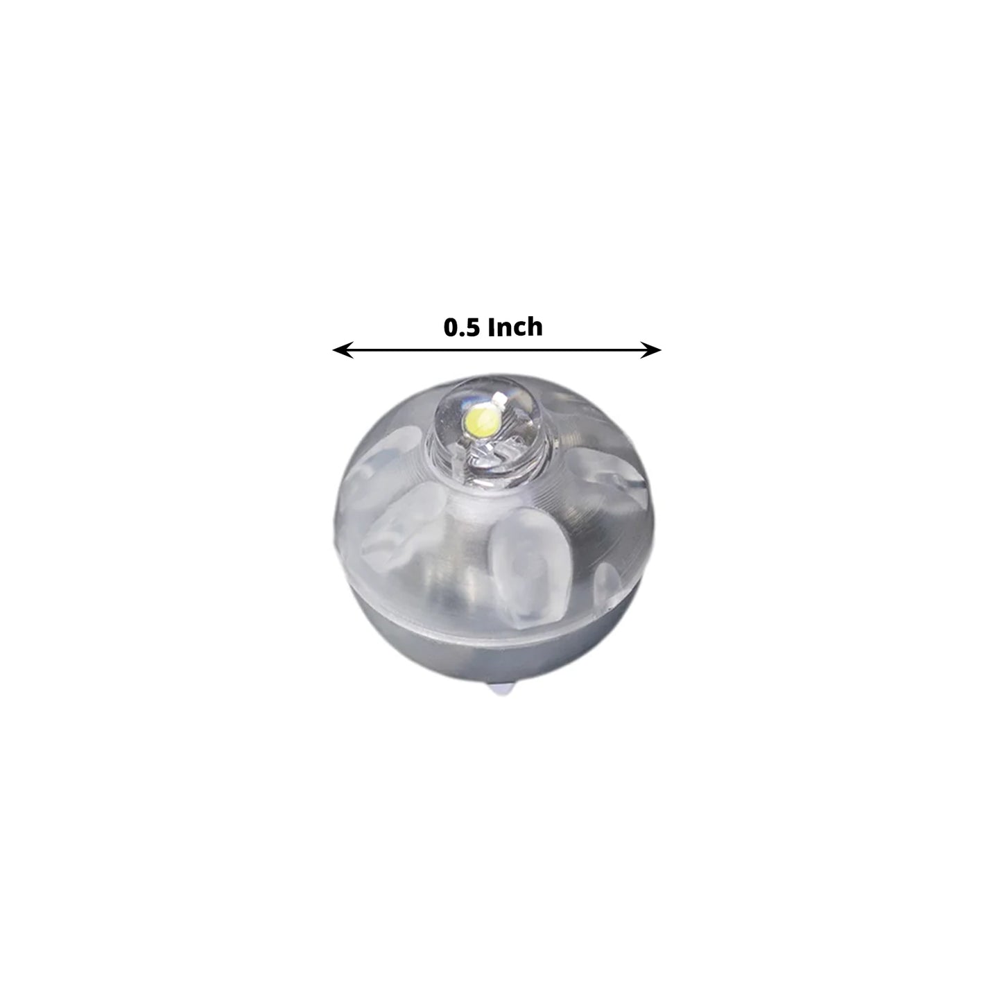 White mini LED balloon light, waterproof, battery operated, 0.5 inch diameter.