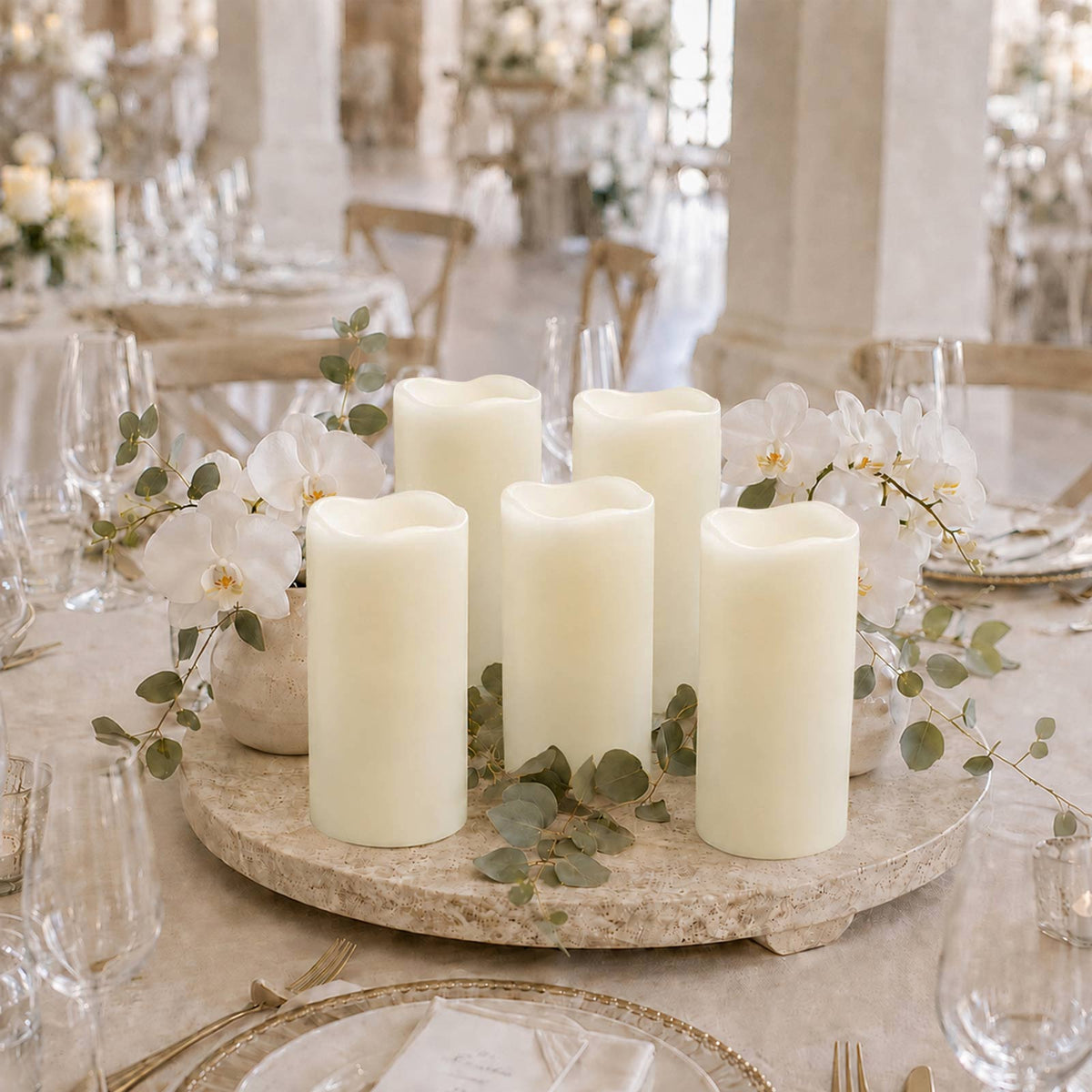 6 Pack Ivory Flickering Flameless LED Pillar Candles, 10" Real Wax Wavy Top Battery Operated Candles