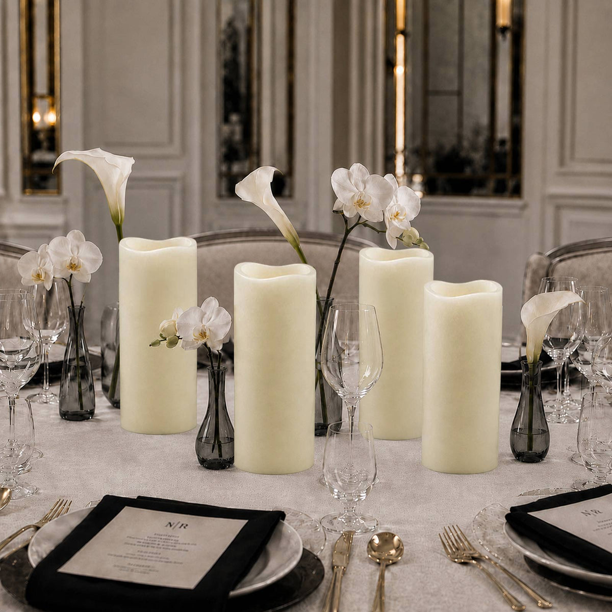 6 Pack Ivory Flickering Flameless LED Pillar Candles, 10" Real Wax Wavy Top Battery Operated Candles